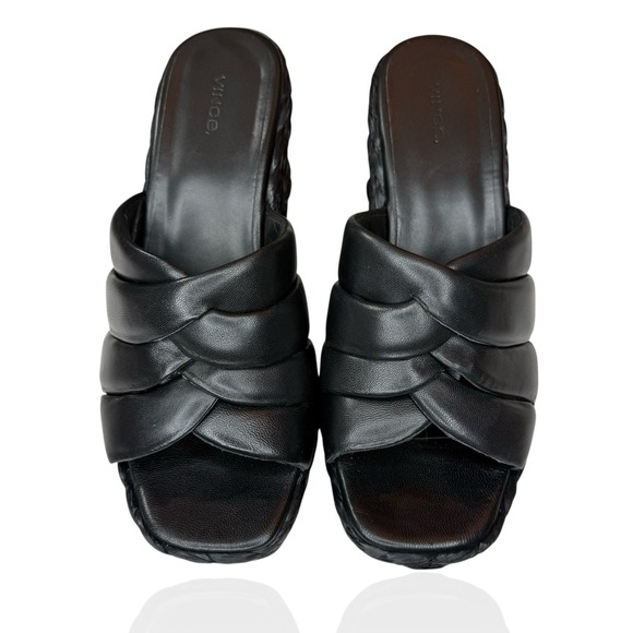 Vince Camuto Lauren Beverlin Poppy Black Leather High Wedge Slip On Sandal 9M US - Picture 4 of 9